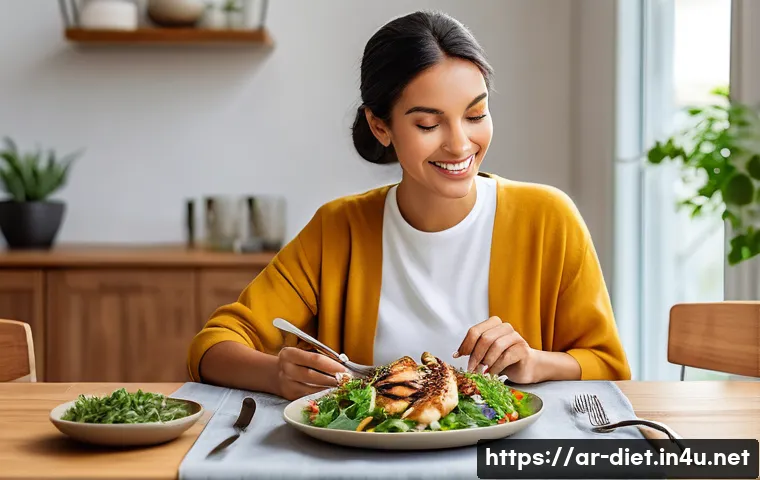 다이어트 지도사 실무에서 유용한 기술들 - **Mindful Mealtime Serenity**
An adult individual, with a calm and contemplative expression, is ...
