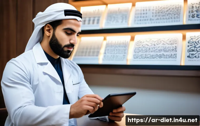 다이어트 지도사로 창업하기 위한 가이드 - A professional Arab male dietitian in his early 30s wearing smart casual attire and a white lab coat...