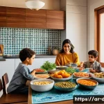 Home 21 다이어트 지도사로 일하며 느낀 보람과 어려움 - A warm and inviting family kitchen scene in a modern Middle Eastern home, showing a diverse Arab fam...