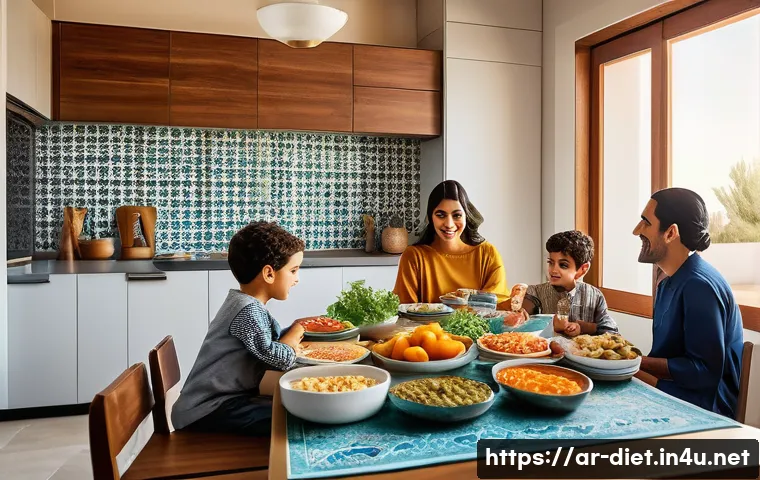 다이어트 지도사로 일하며 느낀 보람과 어려움 - A warm and inviting family kitchen scene in a modern Middle Eastern home, showing a diverse Arab fam...