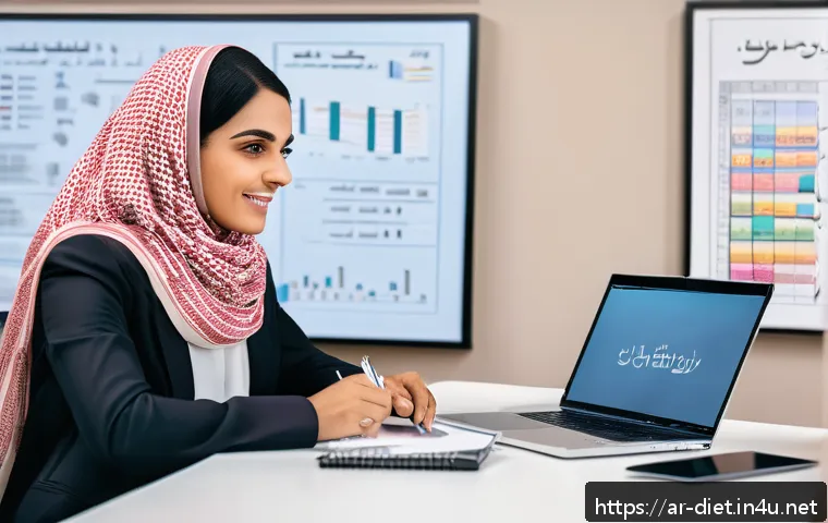 다이어트 지도사의 비즈니스 협상 스킬 - A professional Arabic nutrition coach sitting at a modern office desk, attentively listening to a Mi...