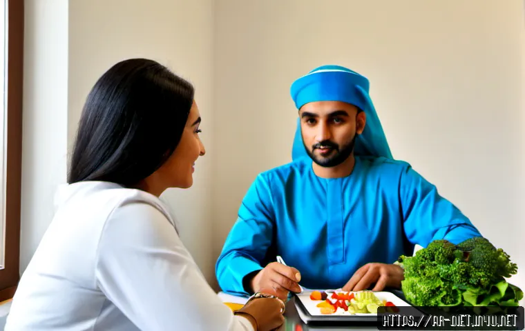 Home 17 다이어트 프로그램 지도사 실무 케이스 스터디 - Photorealistic diet program coach leading a practical case study consultation with an adult Arab cli...