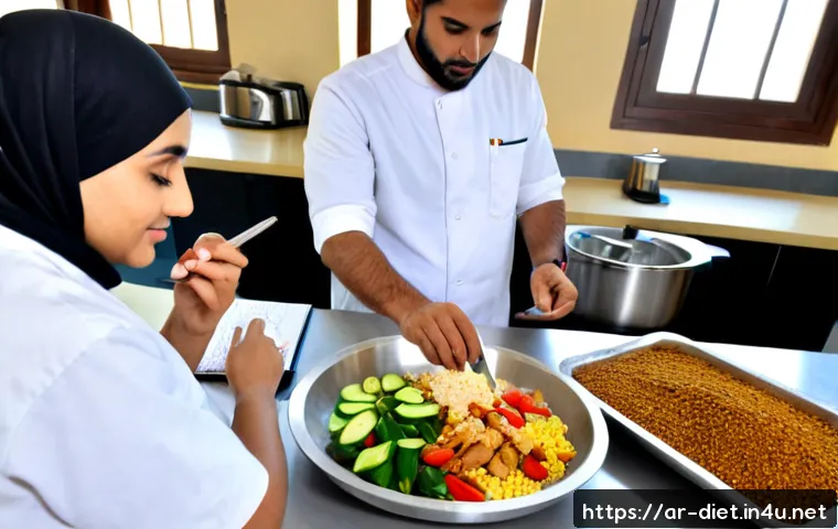 다이어트 지도사 실기시험 준비를 위한 워크숍 - Photorealistic diet coach practical exam preparation workshop in a bright modern training kitchen, A...