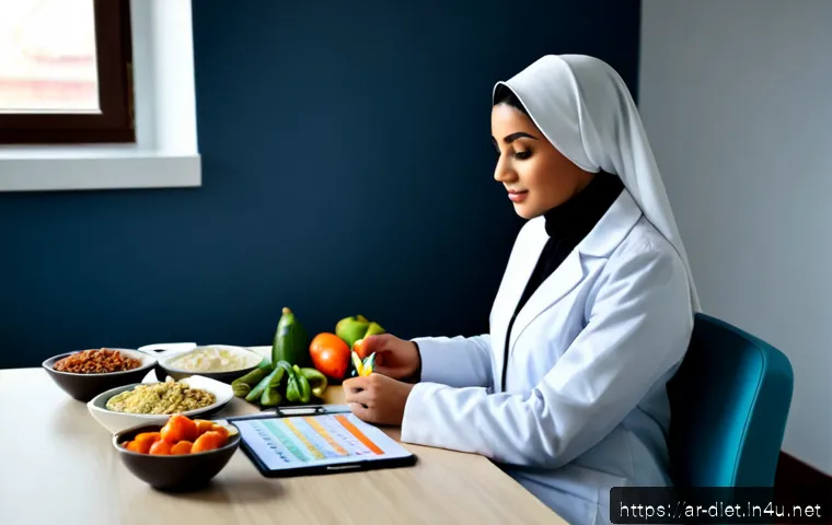 다이어트 지도사로서의 경력개발 전략 - Photorealistic career development scene for an Arab dietitian: confident Arab woman wearing a modest...